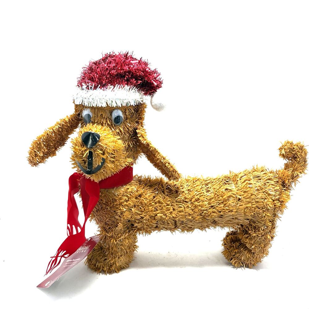 NWT Dachshund Christmas Dog Decor Tinsel Wire Frame Santa Hat Scarf 11”
